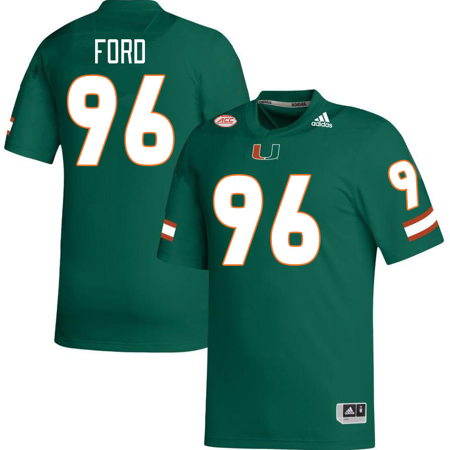#96 Jonathan Ford Miami Hurricanes Jerseys Football Stitched-Green